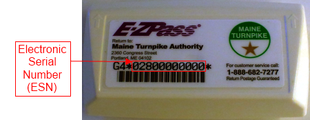 Image of an E-ZPass tag showing the location of Electronic Serial Number (ESN)