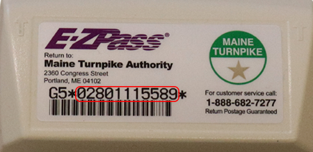 Image of an E-ZPass tag showing the location of Electronic Serial Number (ESN)